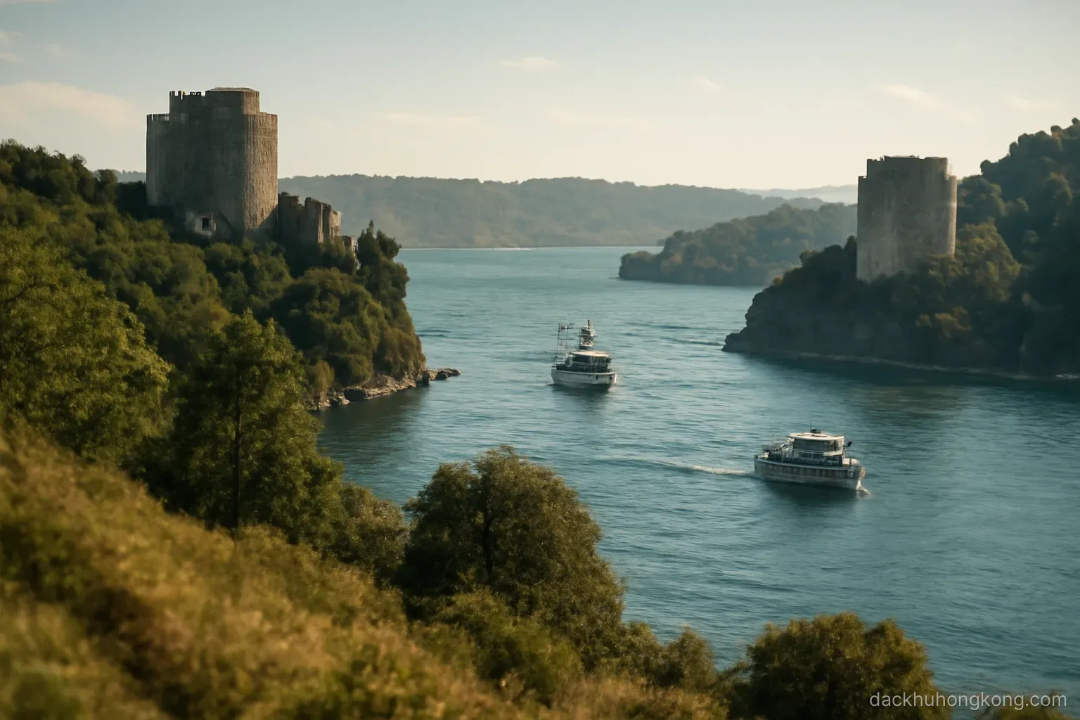 a view across a narrow strait from a hillside with towers on both shores and boats in between