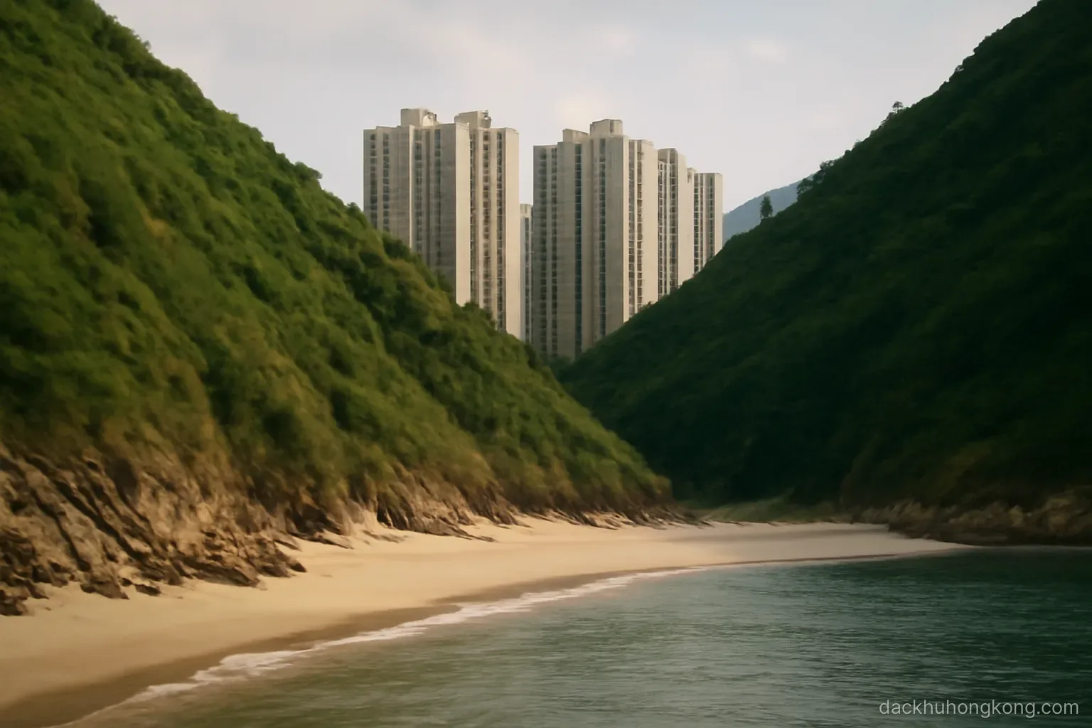 a narrow strip of sand between steep green hills and calm water with apartment towers visible behind the ridge