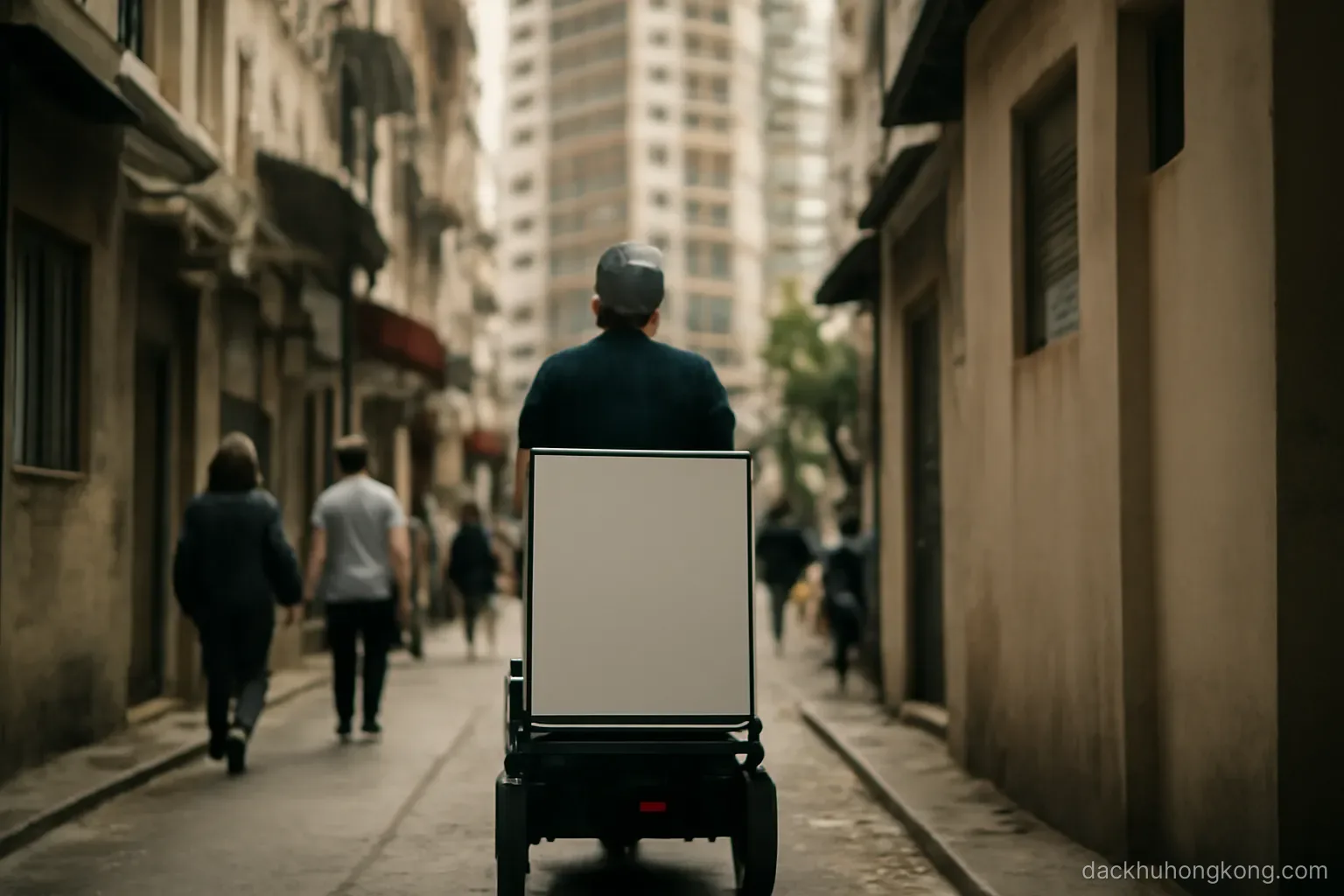 a small delivery cart wheeled through a narrow crowded street toward the service entrance of a tall residential tower