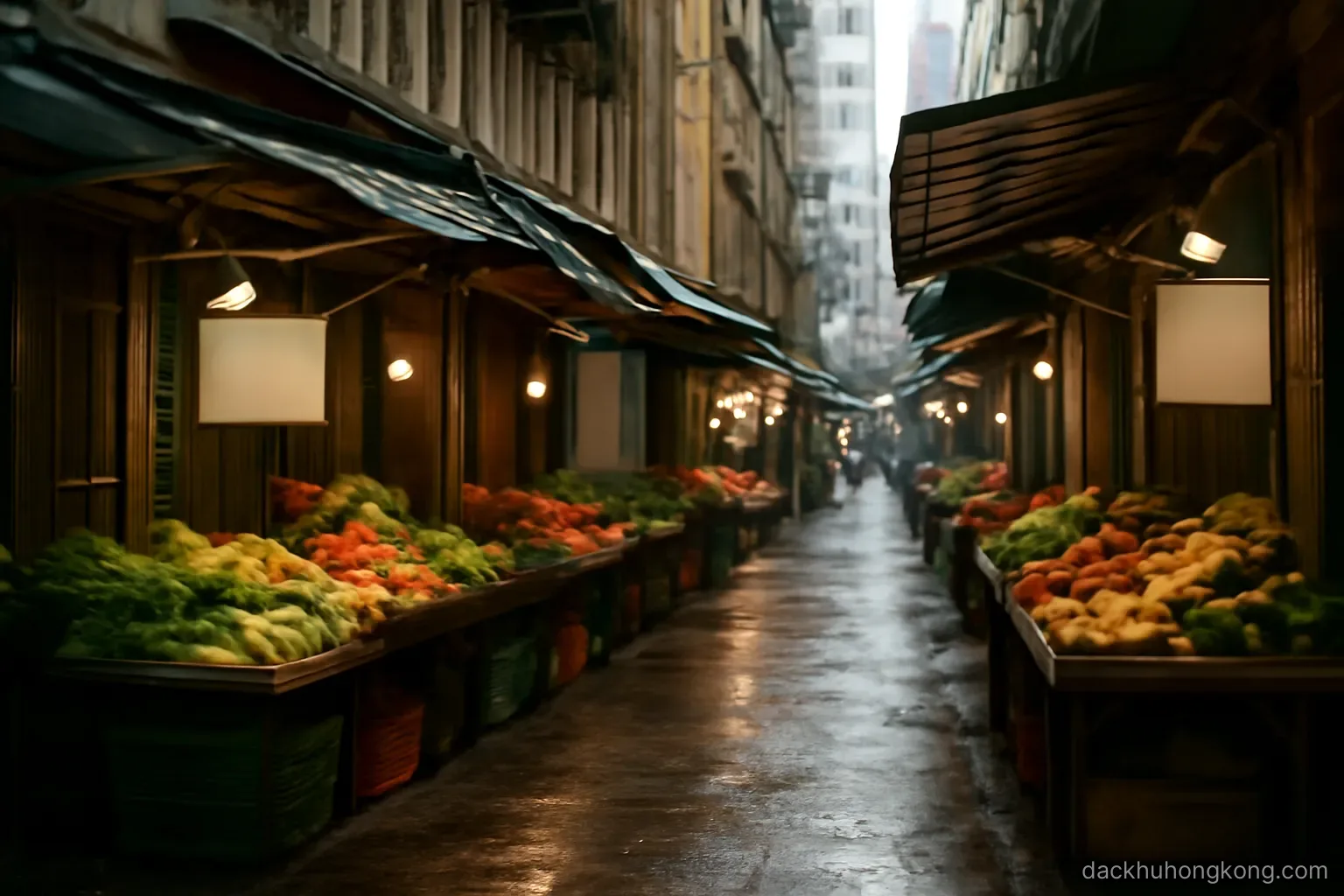 a narrow wet market lane with produce stalls under awnings squeezed between the ground floors of tall buildings