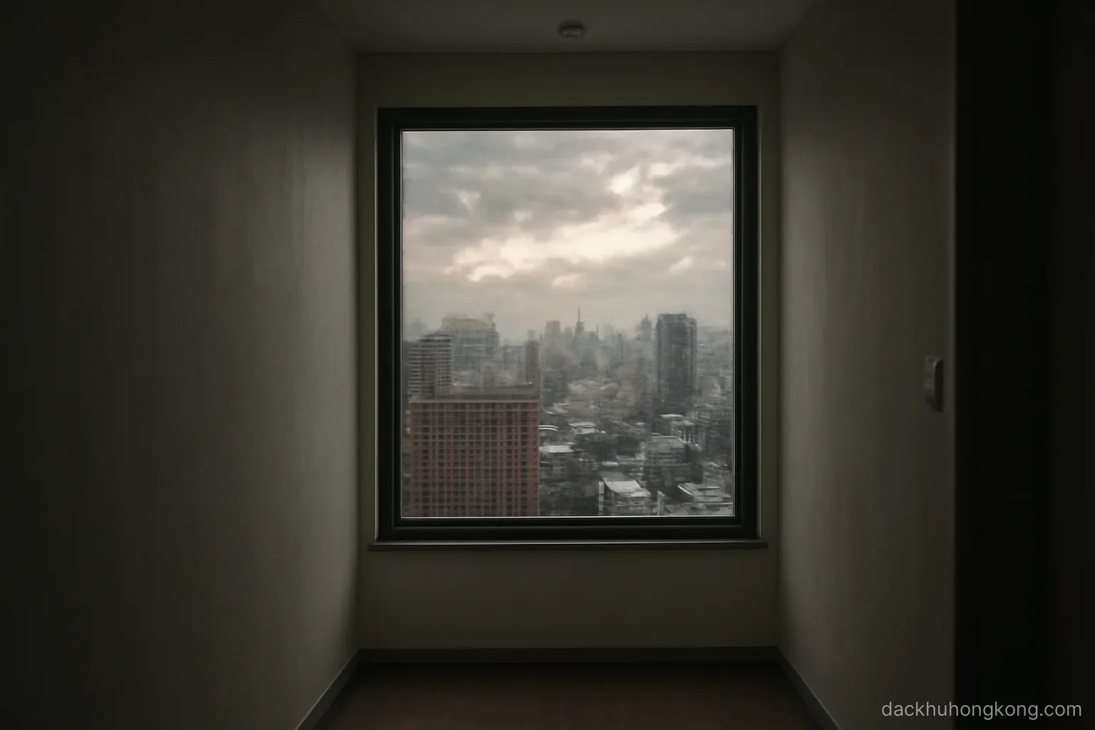 a hallway window in a residential tower looking out over a wet city as clouds break after a storm