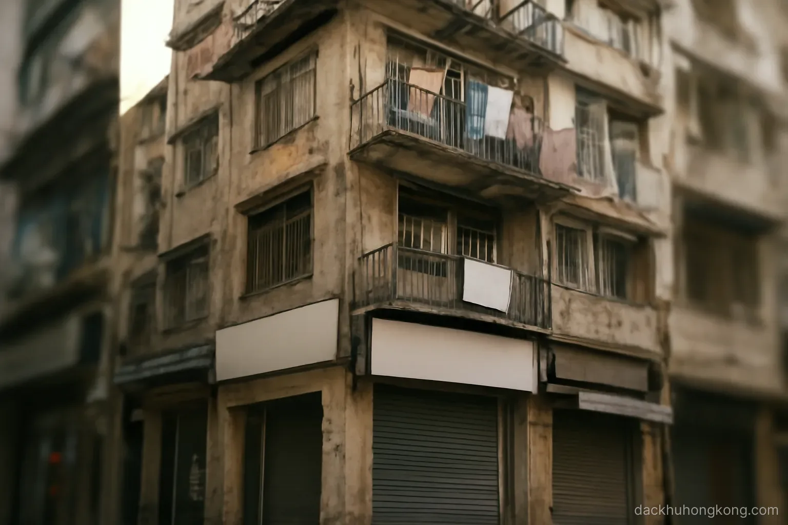 a tall narrow building with shop signs at several levels and laundry hanging on upper balconies