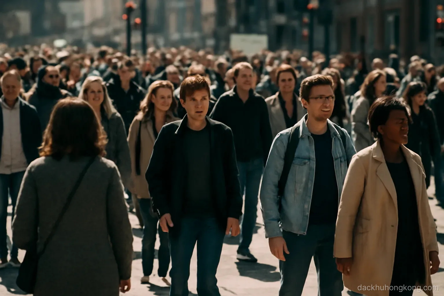 a dense stream of pedestrians crossing a wide junction as the signal changes at midday