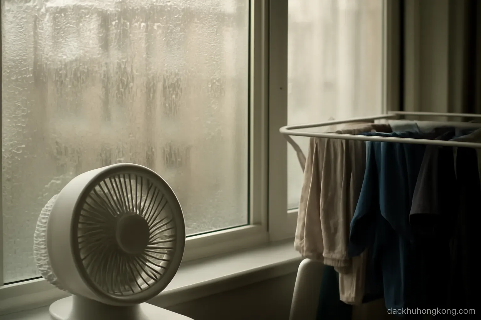 condensation beading on a window pane inside a small apartment with a fan running and clothes drying on a rack