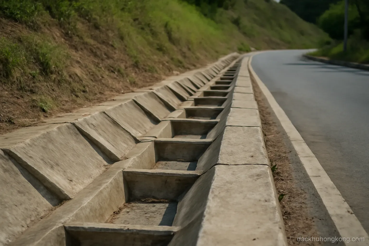 a terraced concrete slope with drainage channels running down it beside a hillside road