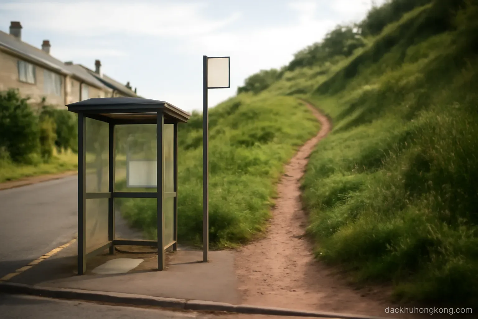 a marked hillside path starting a few steps from a bus stop at the edge of a housing estate