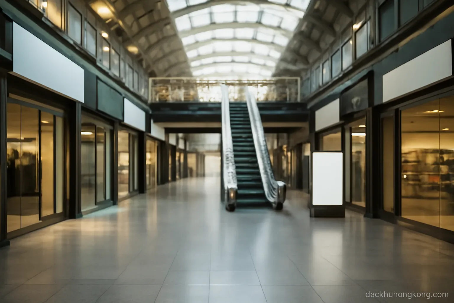 a station concourse with shops along both sides and escalators rising to an upper walkway level
