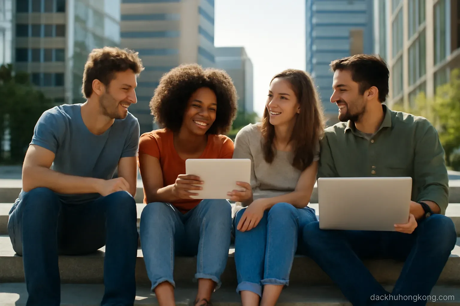 a group of friends sitting together on the steps of a public plaza between office towers on a sunny day off