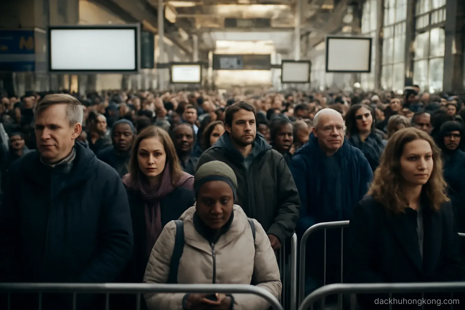 a packed station concourse where a dense crowd waits behind barriers during a service suspension