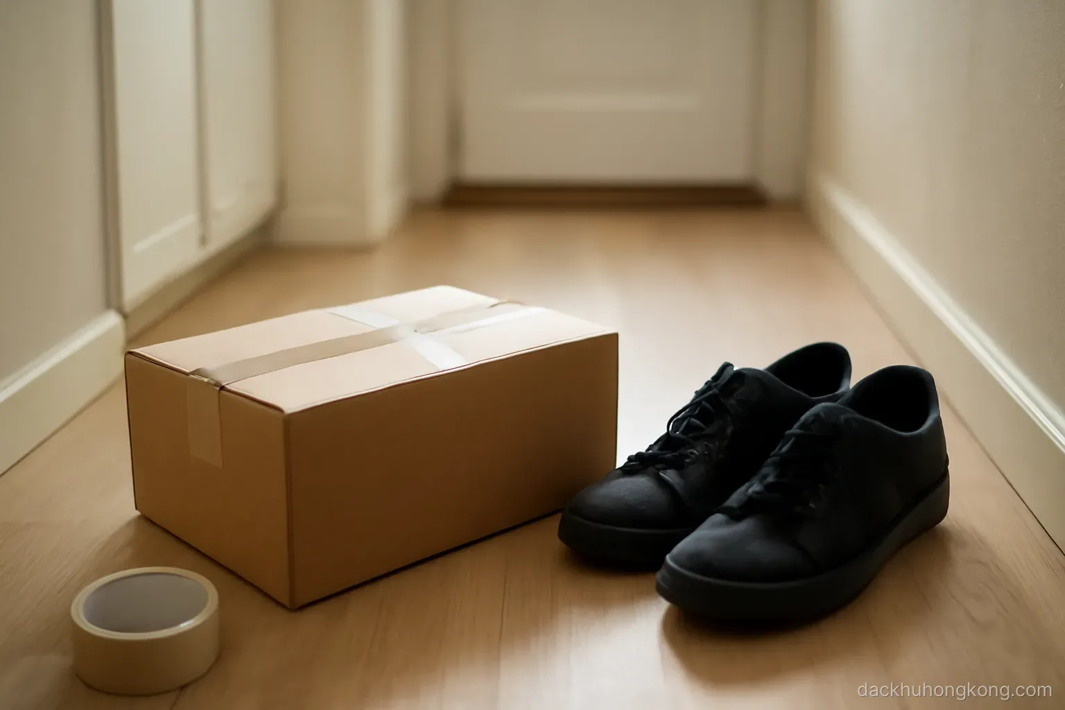 a cardboard parcel and packing tape on the floor of a tiny apartment hallway beside a pair of shoes