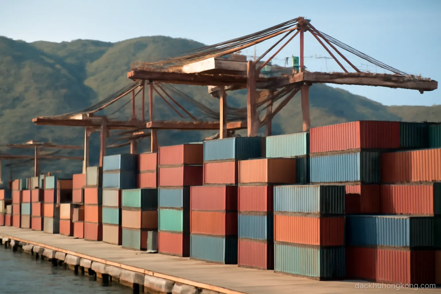 rows of stacked shipping containers under gantry cranes beside a quay with hills rising directly behind the terminal