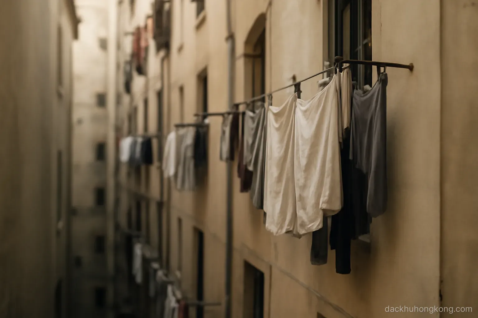 laundry hanging from window racks across several floors of a narrow residential building facing another wall very close by