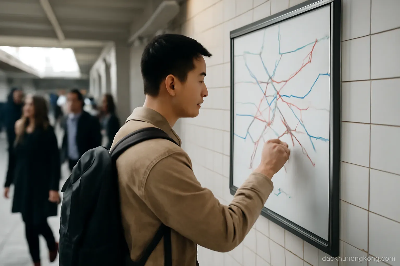 a newcomer studying a transit network map on a station wall while commuters stream past behind them