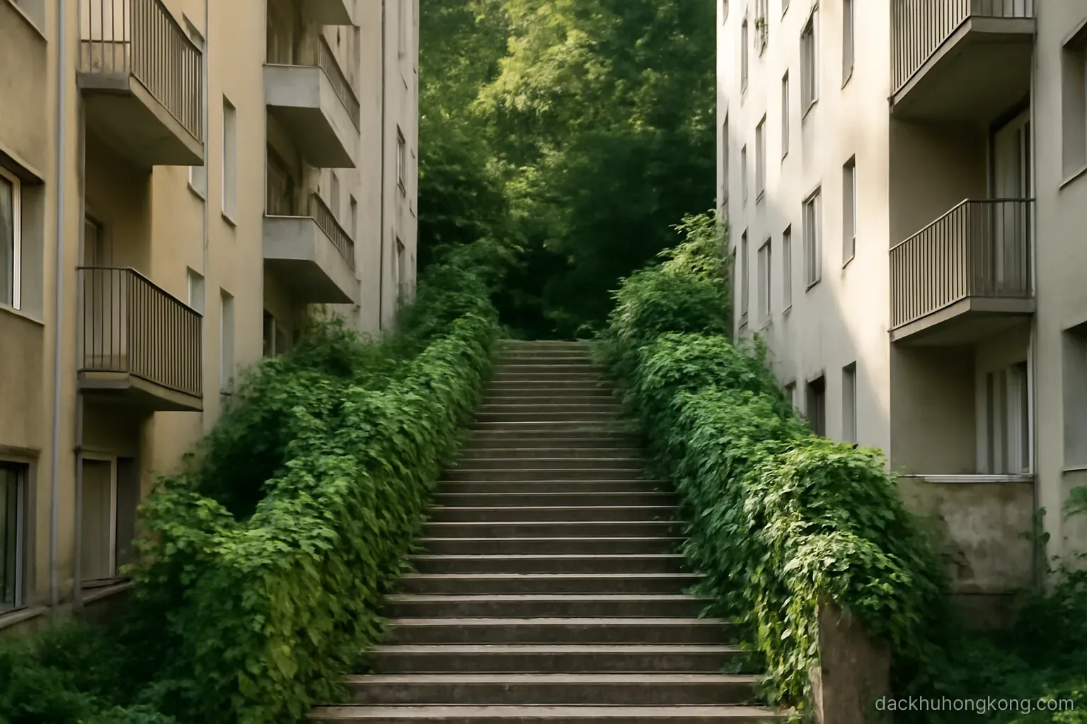 a public staircase lined with green plants climbing between two tall residential blocks toward a wooded slope above