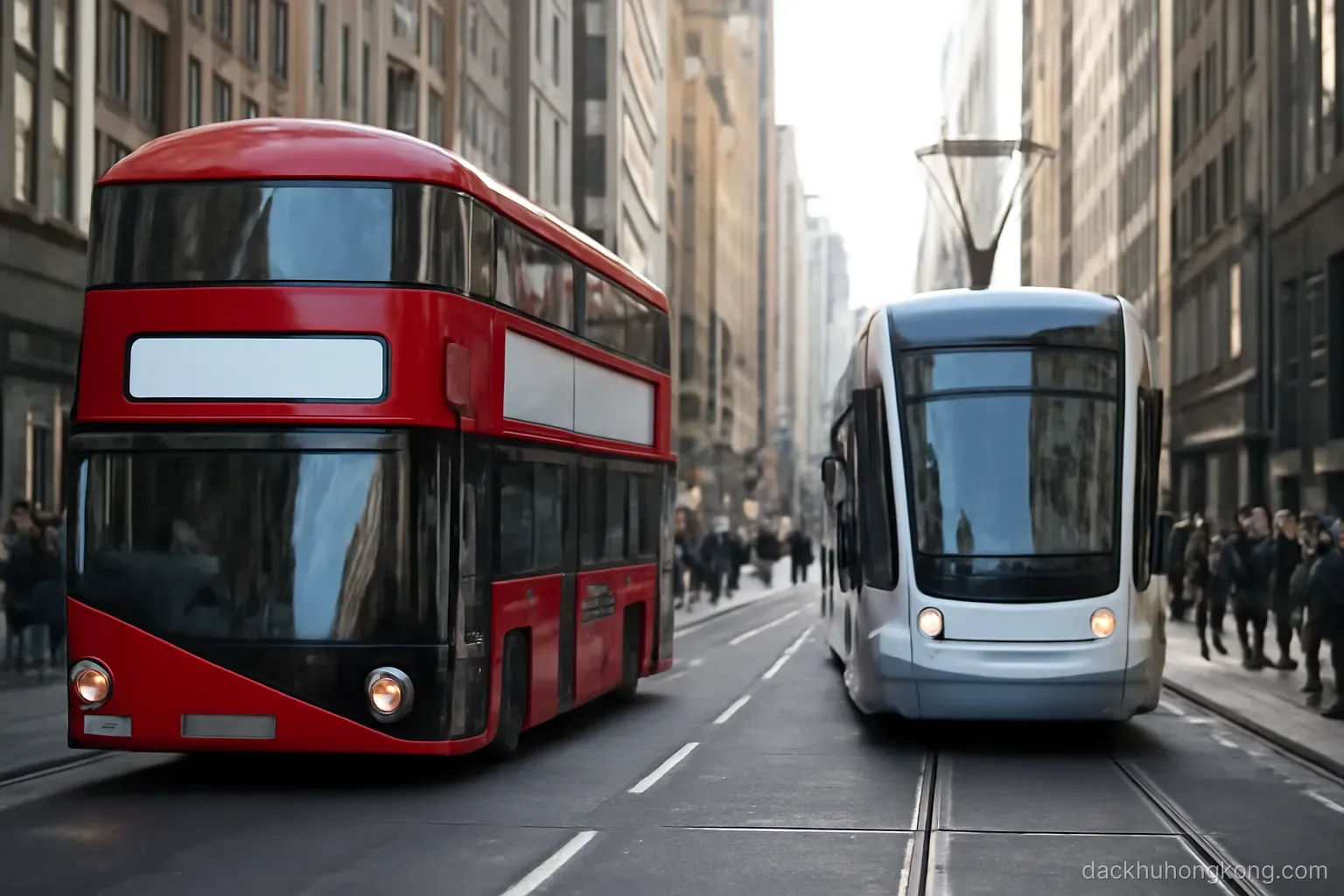 a double decker bus and a tram passing each other on a crowded street beneath tall buildings