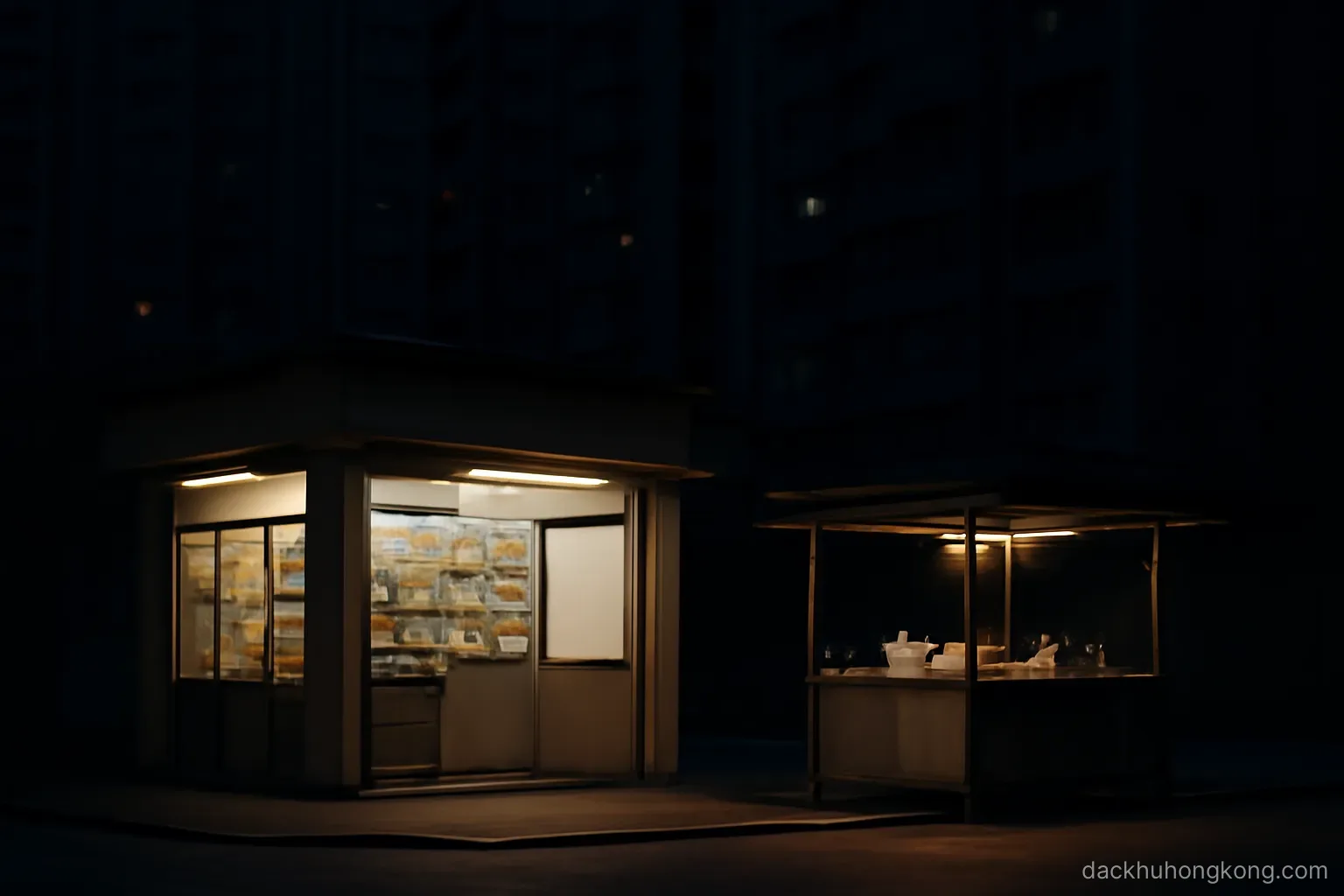 a lit convenience shop and a noodle stall still open late at night at the foot of a dark residential tower