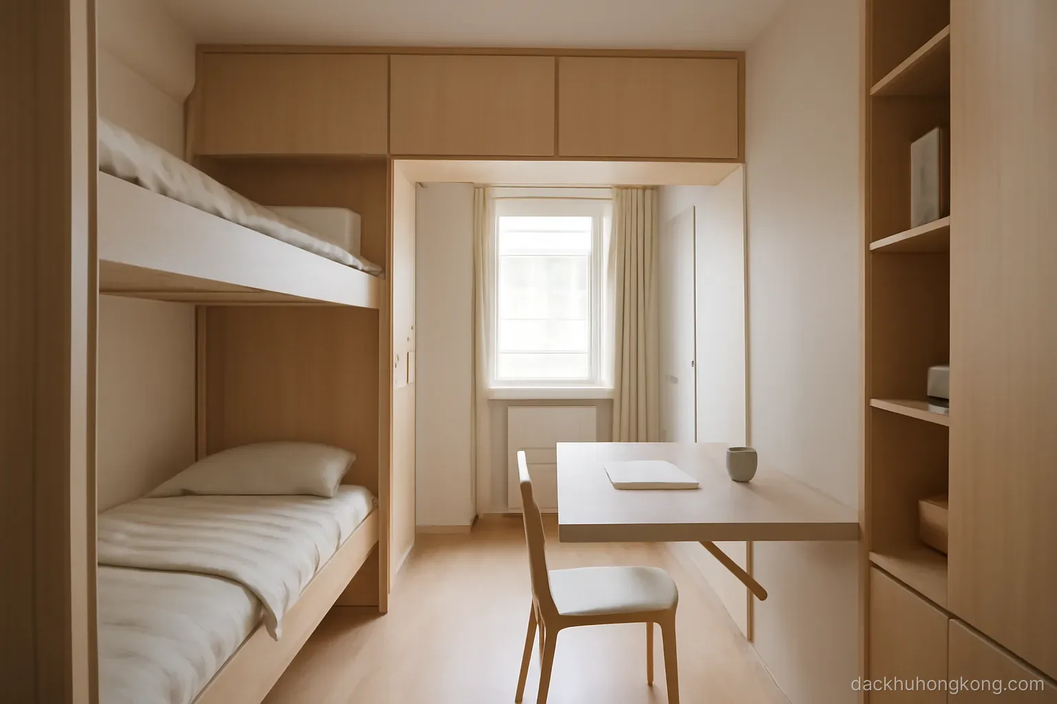 a compact apartment interior with a fold down table, bunk beds and storage built above the doorway