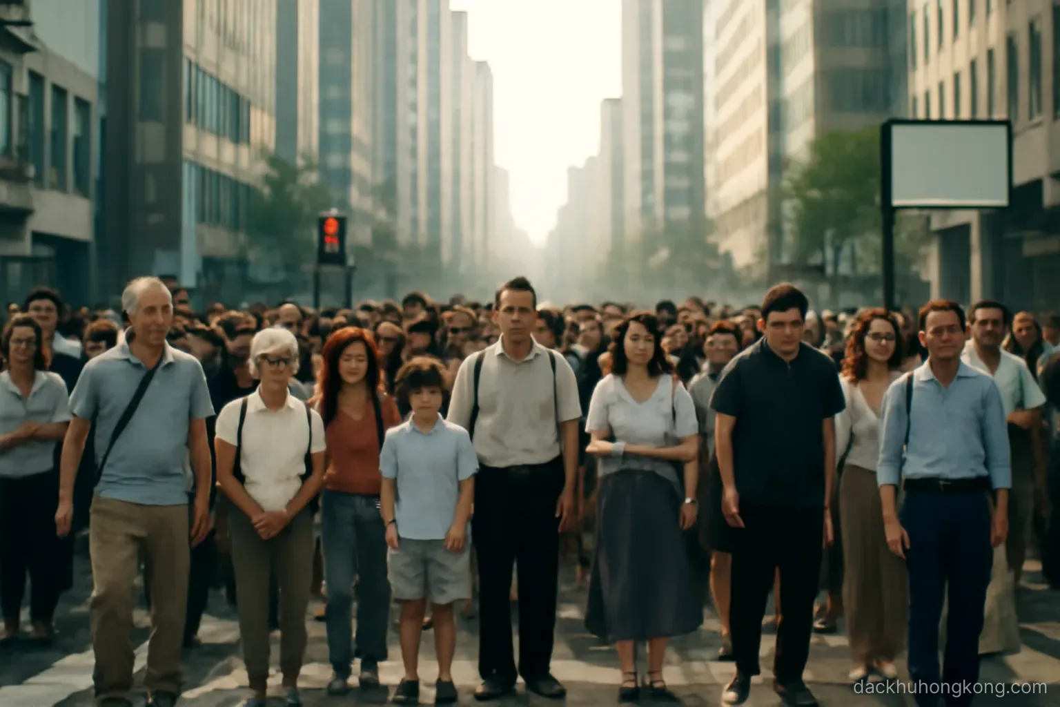 a crowded pedestrian crossing where people of many ages wait together between tall buildings on a humid afternoon