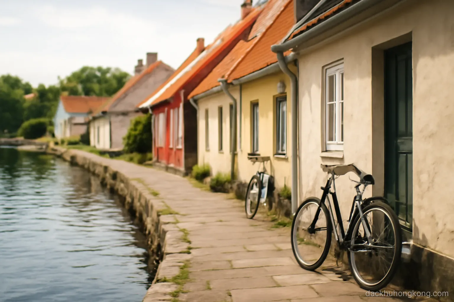 a small island village of low houses along a waterfront path with bicycles leaning against walls