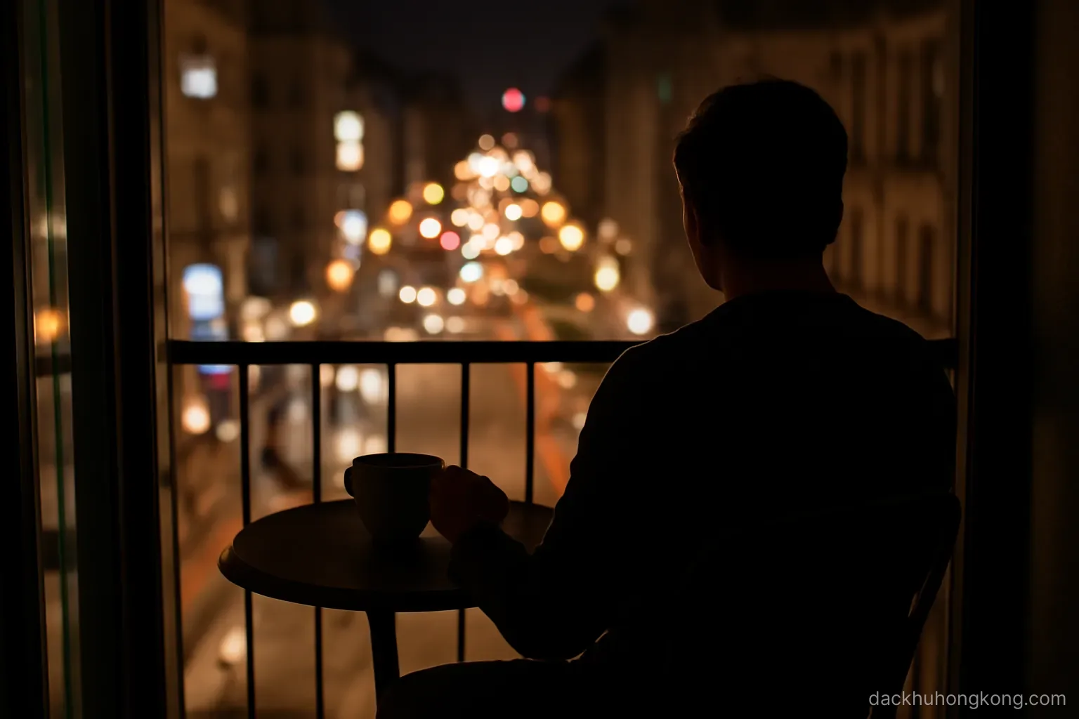 someone sitting alone with a cup of tea on a small balcony at night above a brightly lit street far below