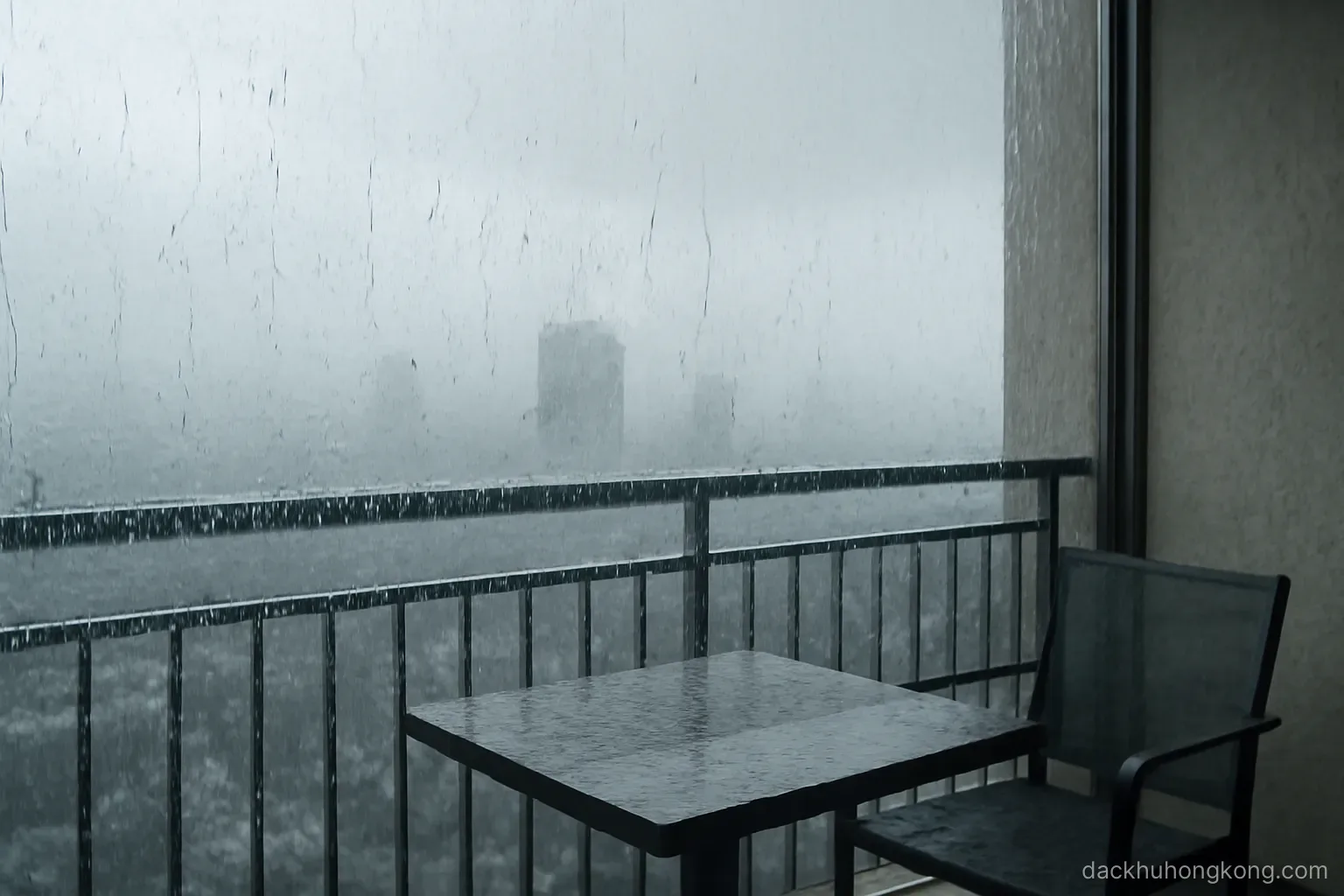 wind-driven rain lashing the glass of an upper-floor balcony with the city below barely visible through cloud