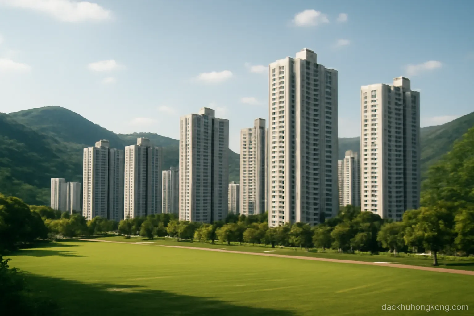a planned new town of tall residential blocks surrounded by green hills and open playing fields
