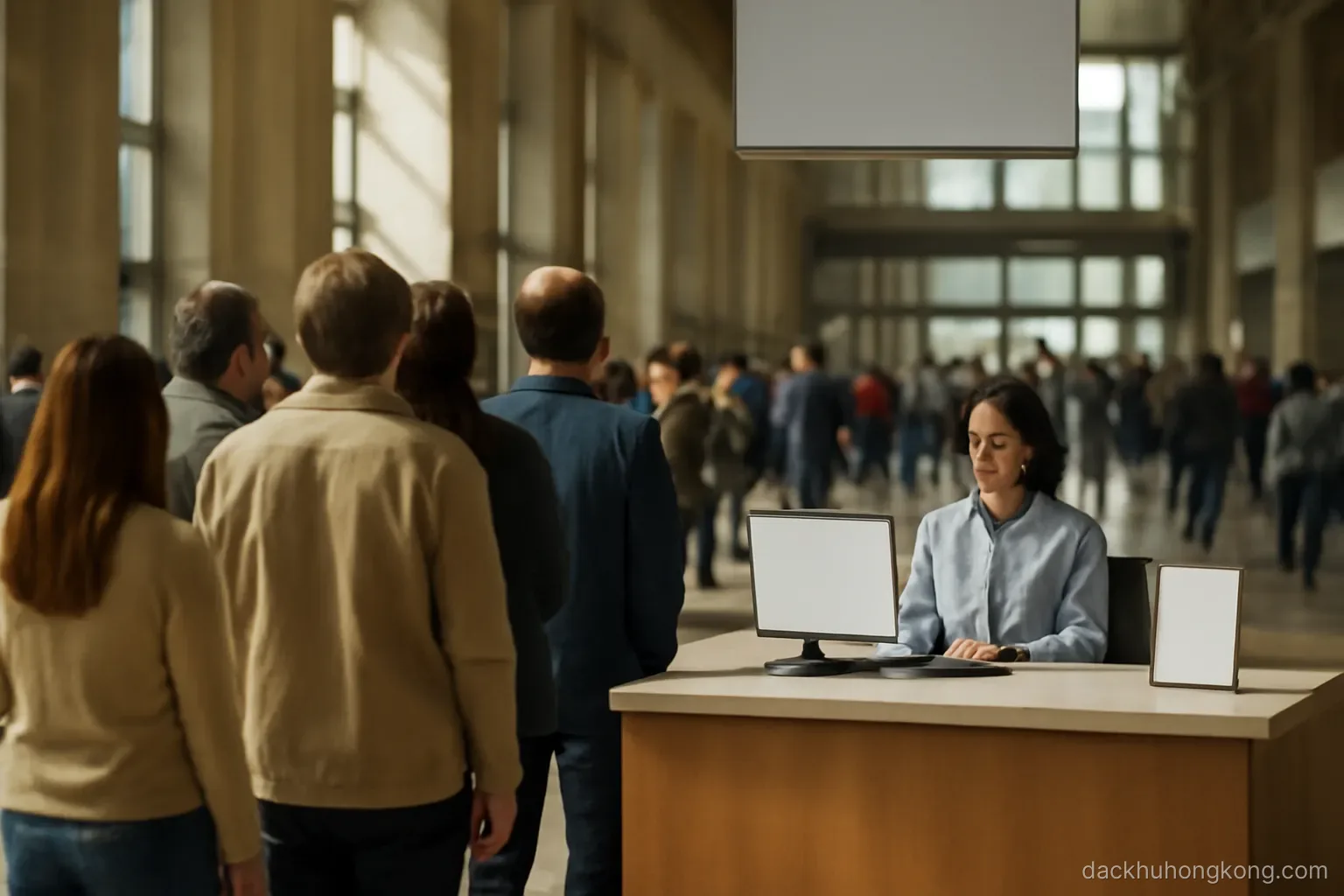 a public information desk in a busy hall with people queuing quietly under a high ceiling