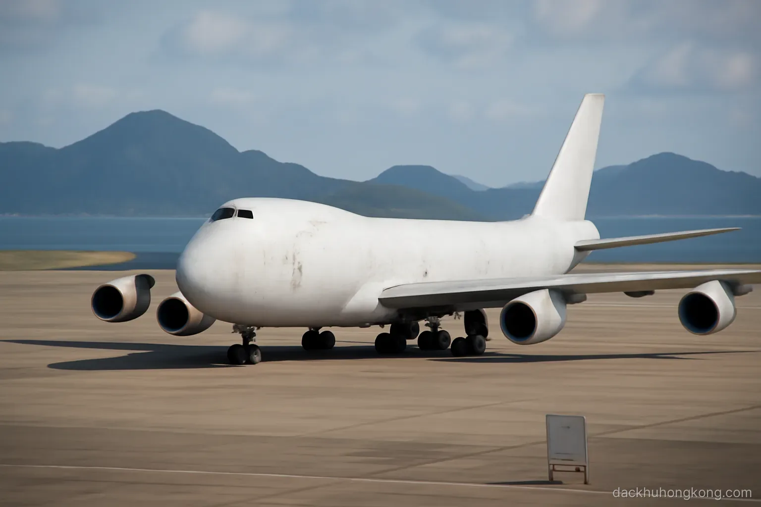 a cargo aircraft on an apron built on flat reclaimed land with mountainous islands and open sea in the background