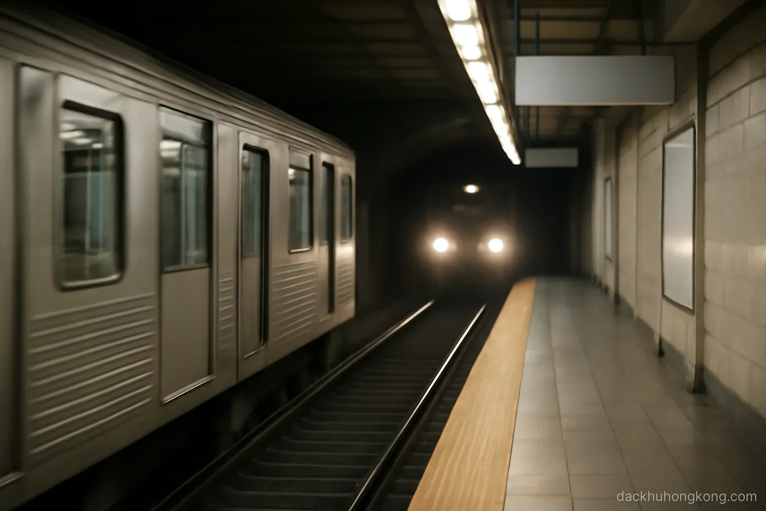 a metro platform where one train is departing and the next headlights already appear in the tunnel