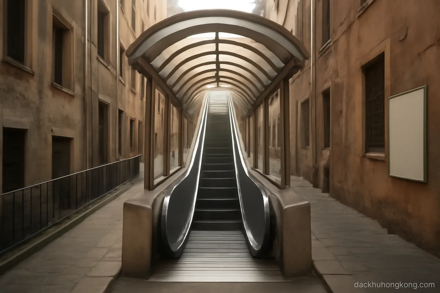 a long covered outdoor escalator climbing a steep slope between old buildings in the morning
