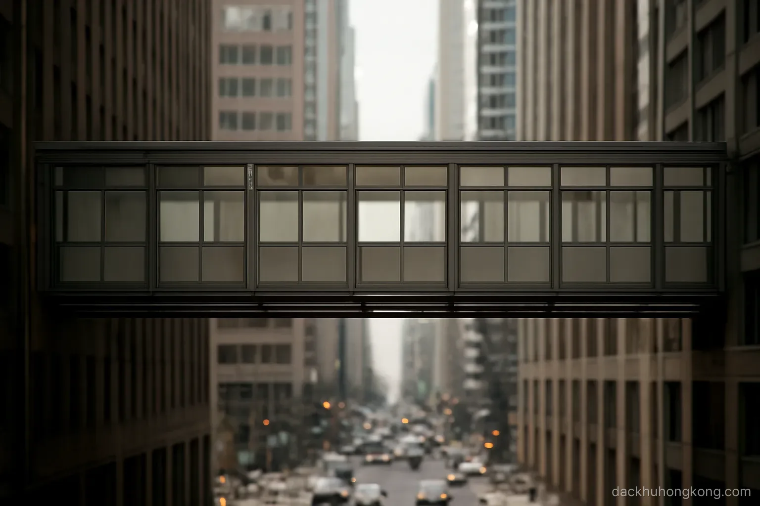 an enclosed pedestrian footbridge crossing high above a busy street between two very tall buildings