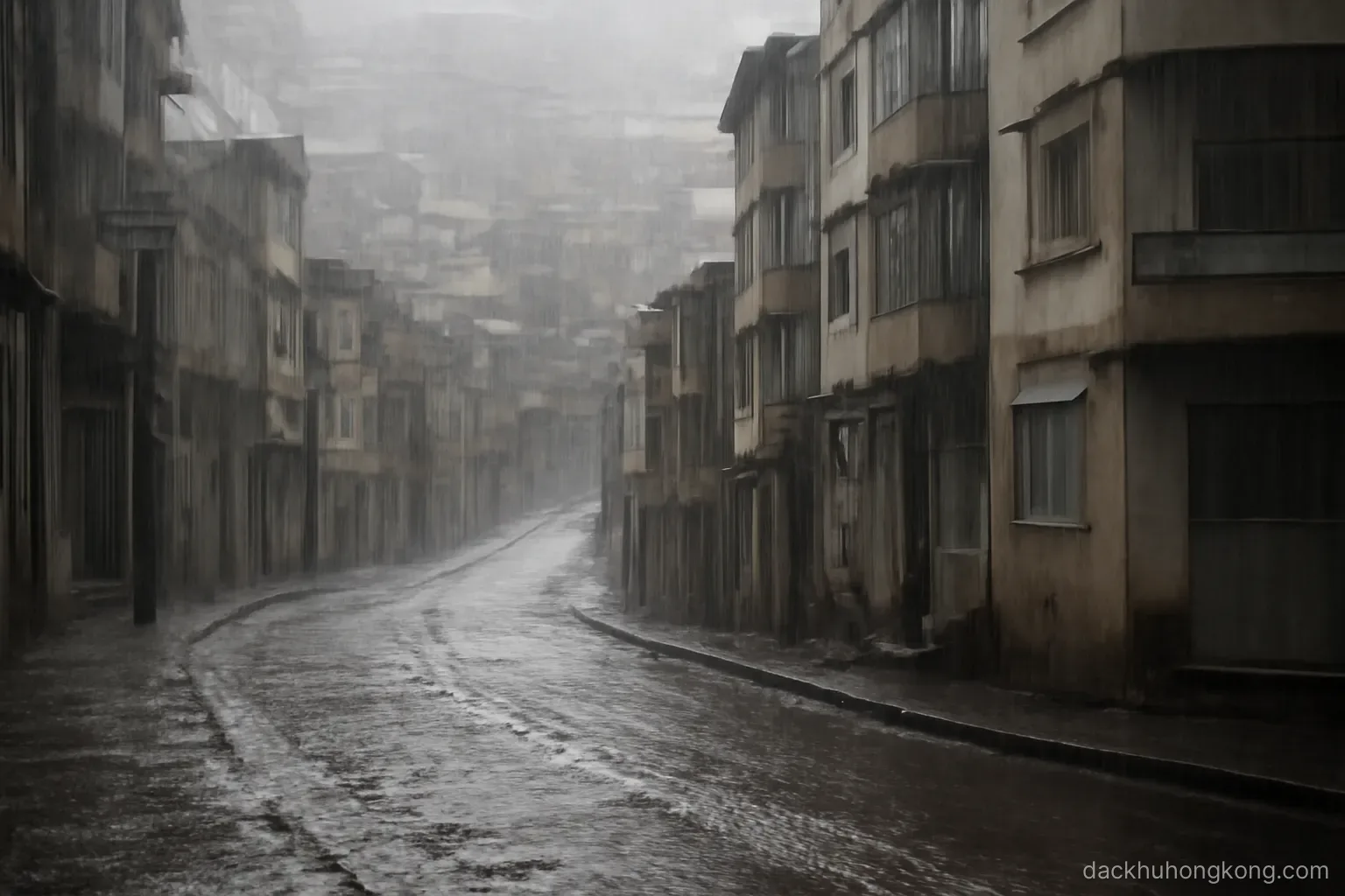 heavy rain falling on a dense hillside city where water streams down steep paved slopes between tall buildings