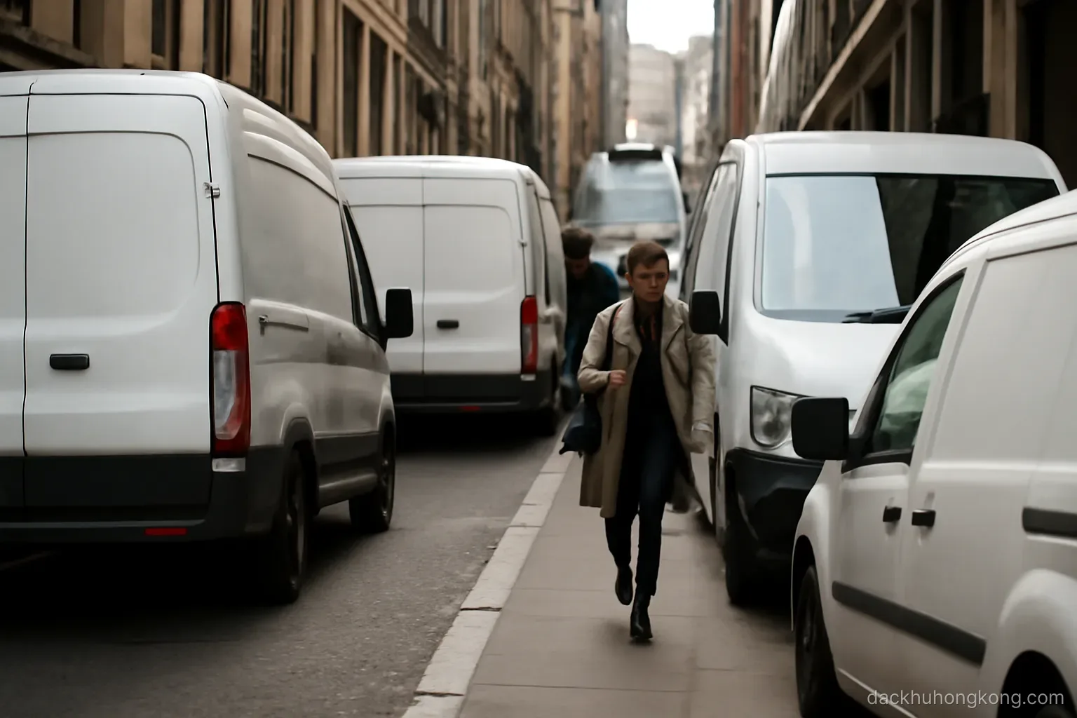 a narrow steep street with parked delivery vans and pedestrians squeezing past on the pavement