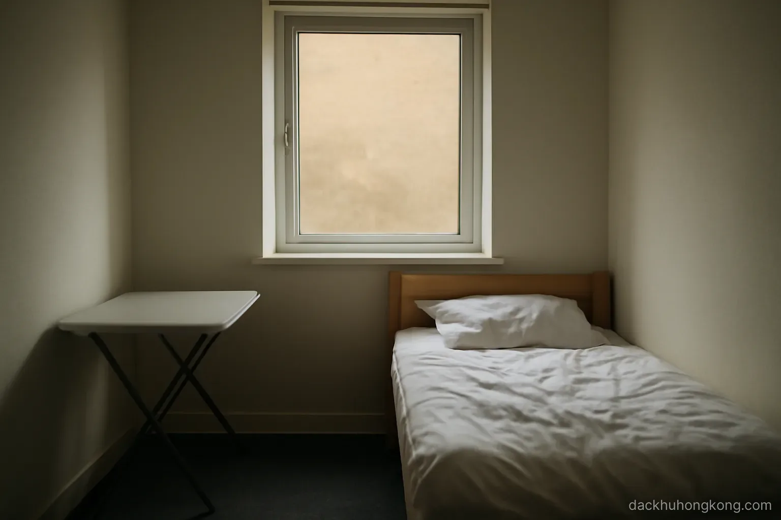 a very small furnished room with a bed, a folding table and a window looking straight at a neighbouring wall