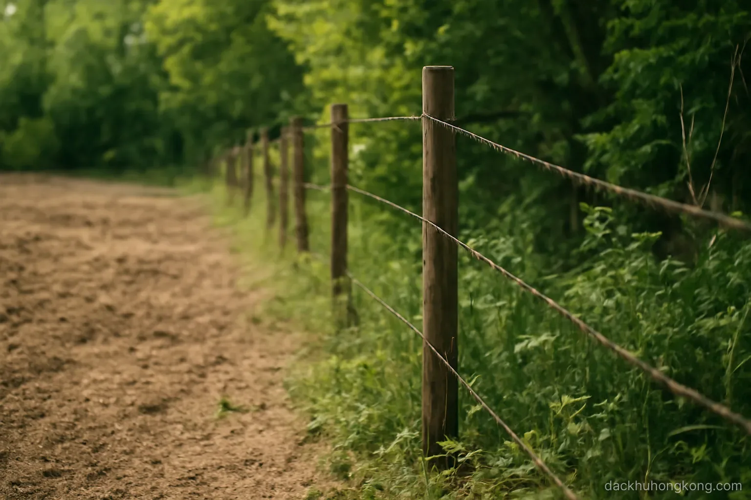 a fence line where cleared ground on one side meets thick undisturbed vegetation on the other