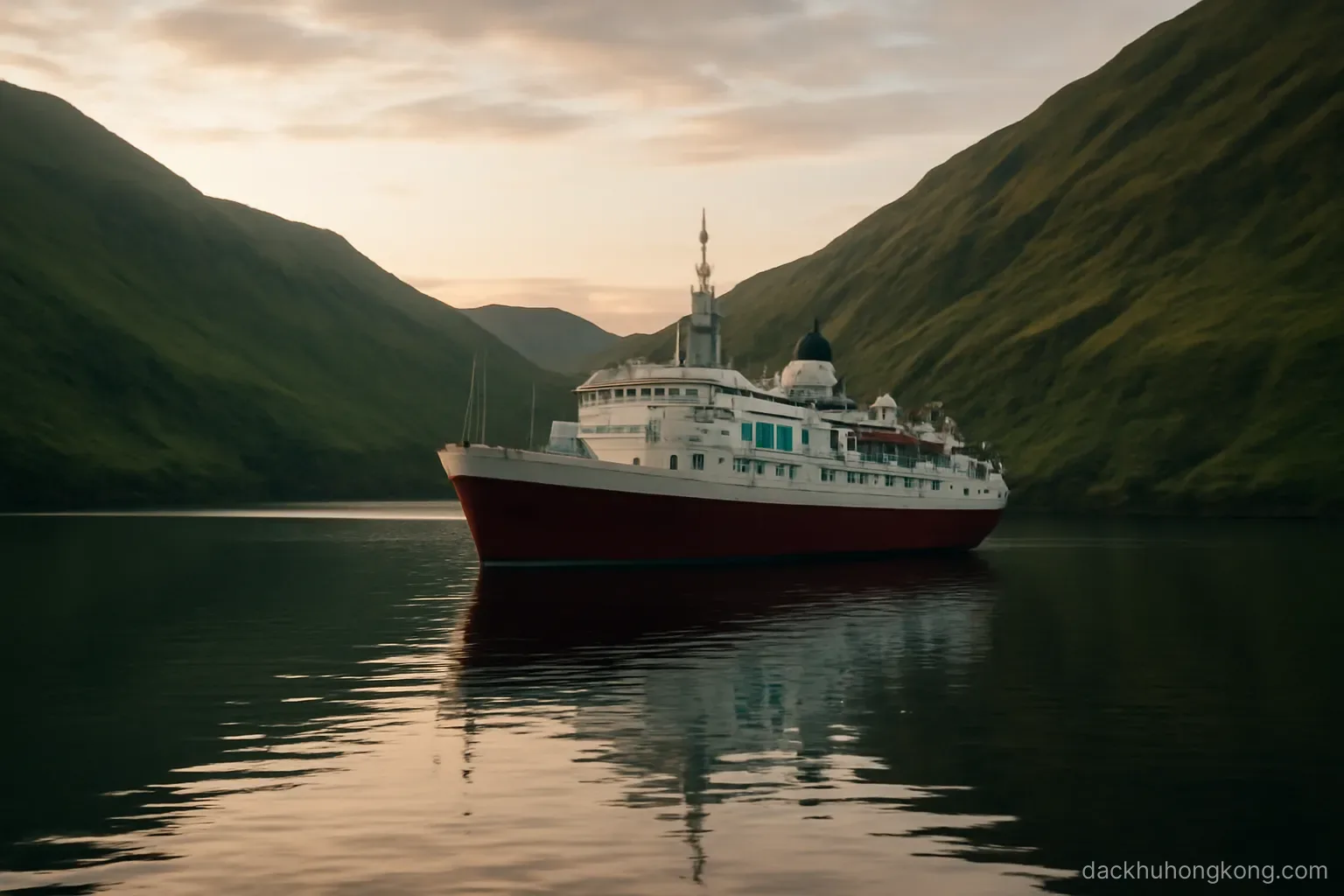 a deep sheltered harbour ringed by steep green hills with a large ship anchored in calm water at dawn