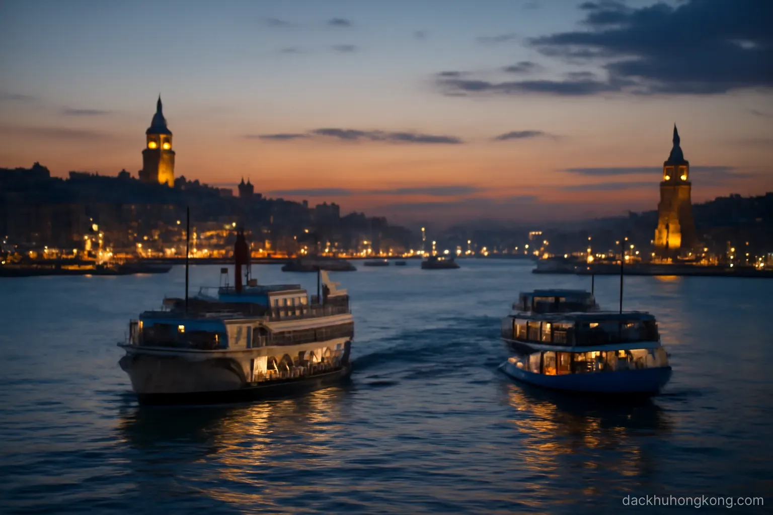 a busy harbour at dusk with ferries crossing and lit towers rising along both shorelines
